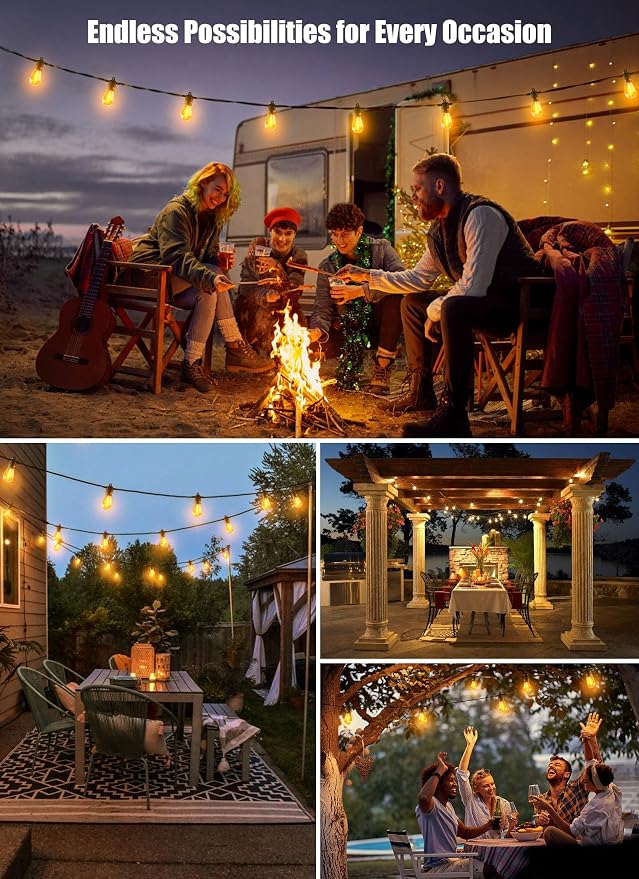 Minetom Solar Outdoor String Lights - 48Ft Patio Lights with 15+1 LED Shatterproof Bulbs, 3 Light Modes, Remote Control, Timing, Outside Weatherproof Hanging Lights for Backyard Party Decor