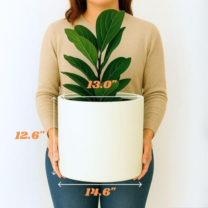 Fox & Fern Large Indoor Planter, Modern Large Plant Pot for Indoor or Outdoor, UV and Frost Resistant - 14.6 Inch, Matte White Flower Pot with Drainage Plug, Lightweight