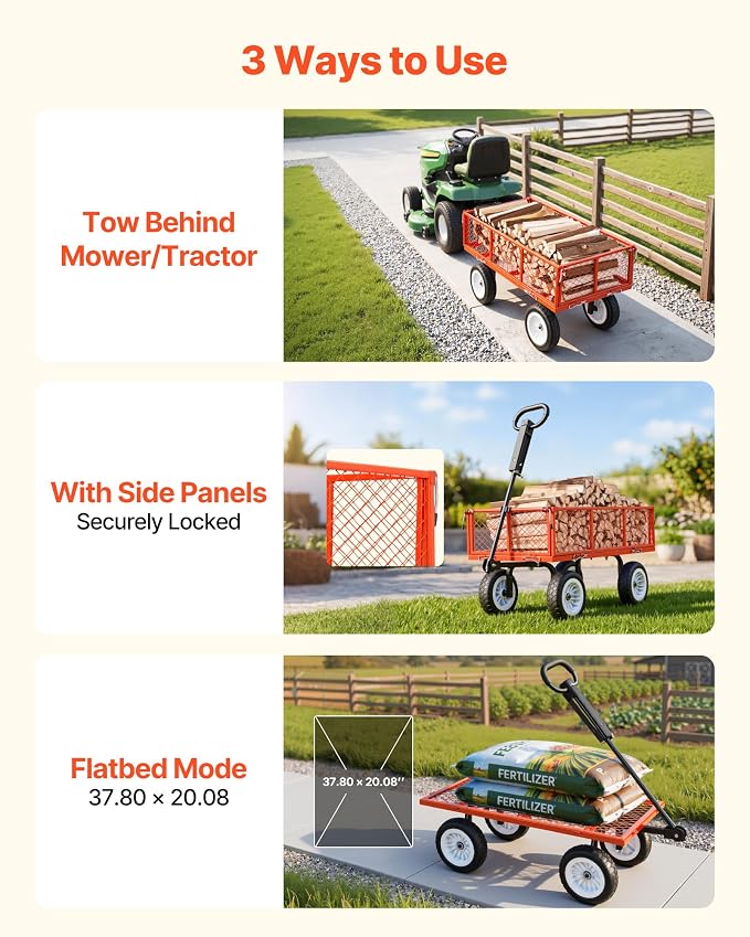 VEVOR 900 LBS Steel Garden Cart, 2 in 1 Handle, Heavy Duty Pullable Garden Wagon with 10" Flat-Free Tires, Outdoor Utility Yard Wagon Cart with Detachable Side Panels, Attach to ATV or Tractor, Red