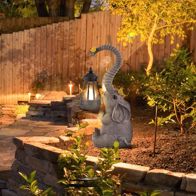 Solar Outdoor Garden Decor Elephant Statues Lights, Lucky Elephant Unique Mom Birthday Gifts for Mom, Housewarming Gifts and Yard Decoration, Cute Birds Garden Sculpture Decor