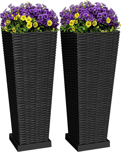 Greesum 23 Inch Tall Plastic Planters with Detachable Inner Pot & Drainage Holes (Set of 2), Large Outdoor Flower Pots for Plants, Trees, Patio, and Garden, Black