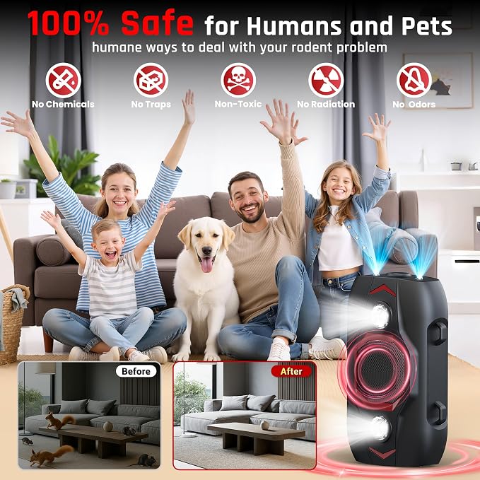 Ultrasonic Rodent Repeller for Car, Under Hood Mouse Repellent with 4 LED Strobe Lights – Battery, USB & Engine Powered, Drives Rats, Mice & Squirrels from Vehicles, Warehouses, Garages