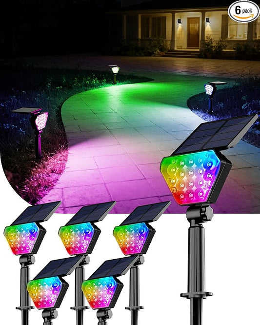 T-SUN Solar Lights Outdoor Waterproof IP65, 6Pack LED Solar Spot Lights Color Changing IP65 Waterproof Smart Auto On/Off for Outside Landscape Garden Yard Lawn Pathway Patio Driveway