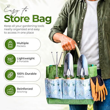 Gardening Tools Set with Organizer Handbag 9-Piece, Heavy‑Duty Rust‑Proof Garden Hand Tools, Wooden Handles,15 Plant Tags, Ideal Gardening Gift for Men & Women