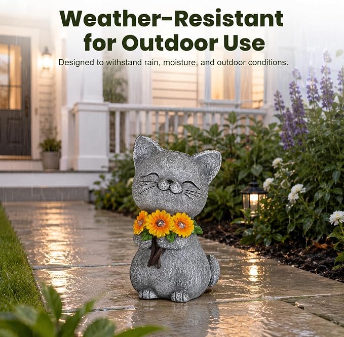 Solar Garden Statues Cat with Daisy and LED Lights Birthday Gifts for Women Mom Grandma Solar Outdoor Cat Decor for Outside,Outdoor Solar Lights for Yard, Garden and Patio, Unique Gift for Women