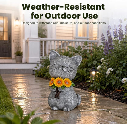 Solar Garden Statues Cat with Daisy and LED Lights Birthday Gifts for Women Mom Grandma Solar Outdoor Cat Decor for Outside,Outdoor Solar Lights for Yard, Garden and Patio, Unique Gift for Women