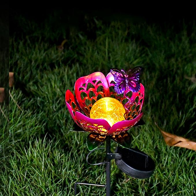 Solar Lights Outdoor Garden Decor, Metal Tulip & Butterfly Decoration Solar Lawn Lamp for Courtyard, Metal Flowers Outdoor Waterproof for Landscape Patio Yard Decor (Purple)