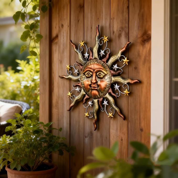 TERESA'S COLLECTIONS Sun Metal Wall Art for Outdoor Decor,25" Bronze Sun Face 3D Wall Decor for Garden Decor,Rustic Retro Hanging Sculpture for Outside Living Room Home Patio Farmhouse Gifts for Mom