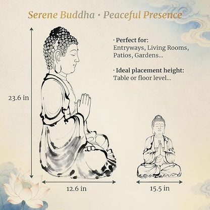 Sculptures Buddha Statue, Garden Statues 23.6 Inch Tall, Large Magnesium Oxide Praying Buddha Sculpture Indoor & Outdoor, Spiritual Statue for Home Decor Yard Porch Patio, White