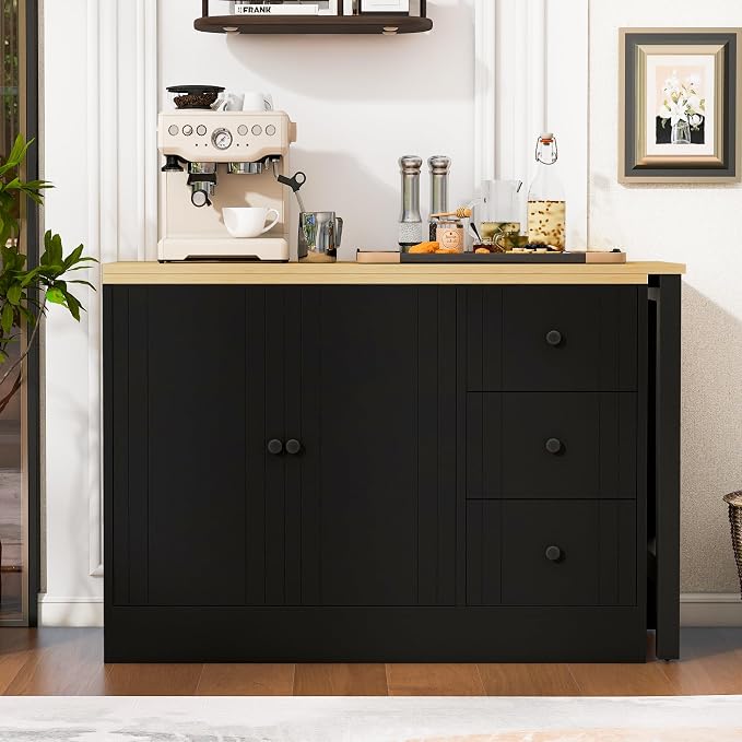 Merax 89.7'' Wood Buffet Sideboard with Extendable Table, Multifunctional Storage Cabinet with 2 Doors and 3 Drawers for Living Room,Study,Foyer and Kitchen Black + Natural