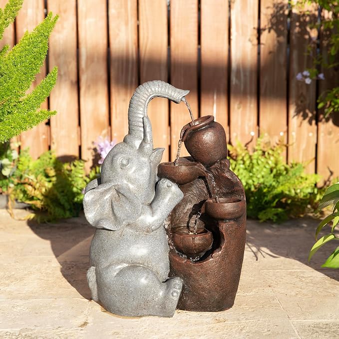 Glitzhome Outdoor Water Fountain, 4-Tiered Elephant and Pot Outdoor Fountain with Lights, 18.5" H Polyresin Decorative Waterfall Feature Garden Fountain with Pump for Patio, Yard, Deck, Porch Decor
