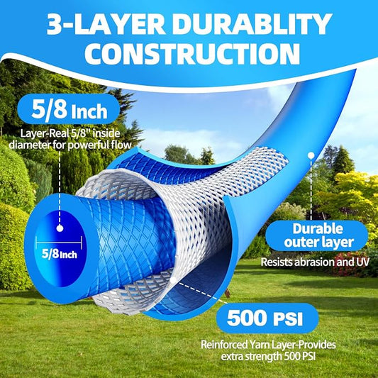 YOTOO Heavy Duty Hybrid Garden Water Hose 5/8-Inch by 25-Feet 150 PSI Kink Resistant, Flexible with Swivel Grip Handle and 3/4" GHT Solid Brass Fittings, Blue