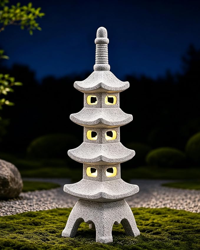 Nacome Solar Pagoda Garden Statues: 15.7 inches Multi-Layer Outdoor Weatherproof Resin Zen Decor for Landscape Balcony Patio Porch Yard Ornament(Gray)