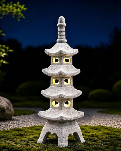 Nacome Solar Pagoda Garden Statues: 15.7 inches Multi-Layer Outdoor Weatherproof Resin Zen Decor for Landscape Balcony Patio Porch Yard Ornament(Gray)