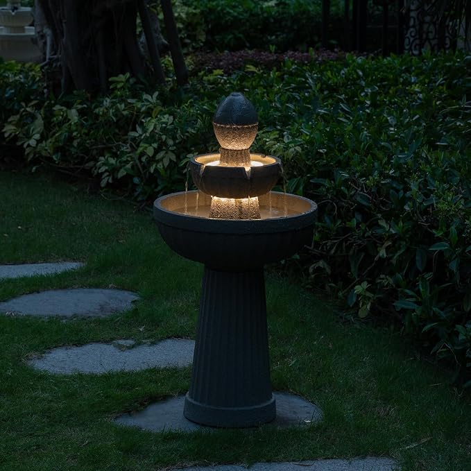 37.80” H Outdoor Water Fountain Made with Eco-Friendly Recyclable Materials, Polyethylene Cascading Waterfall Water Fountain Outdoor, Garden Decor with LED Light for Patio, Backyard (Andesite)
