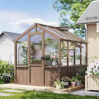 Garvee 6x8 FT Wooden Greenhouse - Walk-in Greenhouses for Outdoors, Large Spruce Frame Green House with PC Panels, Adjustable Roof Vents & Lockable Door, Green Houses for Garden,Backyard,Patio,Lawn