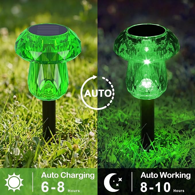 Solar Halloween Lights Outdoor 8 Pack Green Garden Mushroom Decor | LED Waterproof Halloween Decorations for Pathway Yard Outside Driveway Walkway Path Landscape Lawn Lighting, Auto On/Off