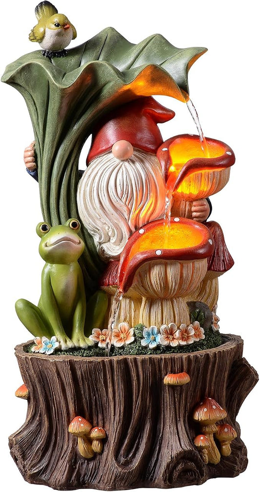Kalona Gnome Outdoor Waterfall Fountain with LED Lights, Resin Tree Stump Waterfall Fountain for Patio Balcony Yard, 21" Tall Garden Water Feature 25007