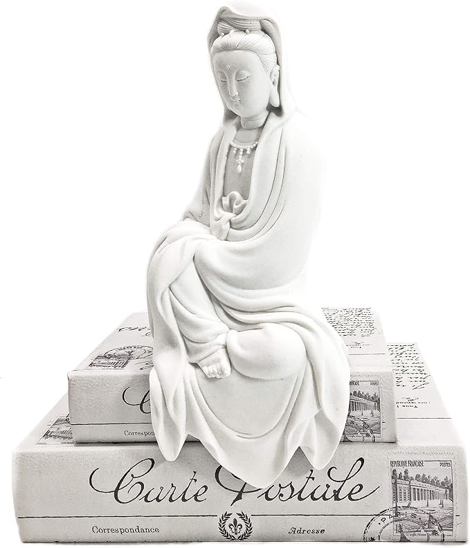 Bellaa Kwan Yin Buddha Statue - 11" White Marble Powder Lady Buda Kuan Guanyin Goddess of Mercy Sculpture - Meditation Decor for Home, Office & Zen Garden 22654