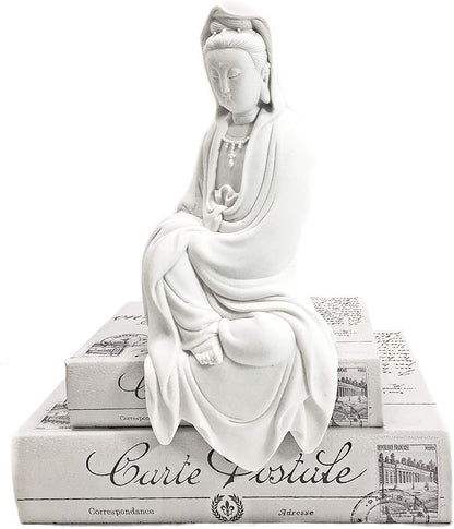Bellaa Kwan Yin Buddha Statue - 11" White Marble Powder Lady Buda Kuan Guanyin Goddess of Mercy Sculpture - Meditation Decor for Home, Office & Zen Garden 22654