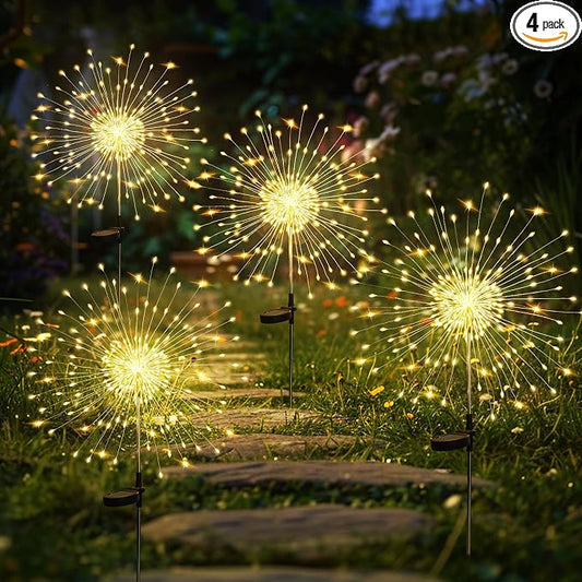 GIGALUMI Garden Decor Outdoor Lights 120LED 4Pack, Solar Garden Lights Outside Fairy Firework Decorative,Solar Powered for Yard Pathway Flowerbed Planter Balcony Patio, Gifts for mom(Warm White
