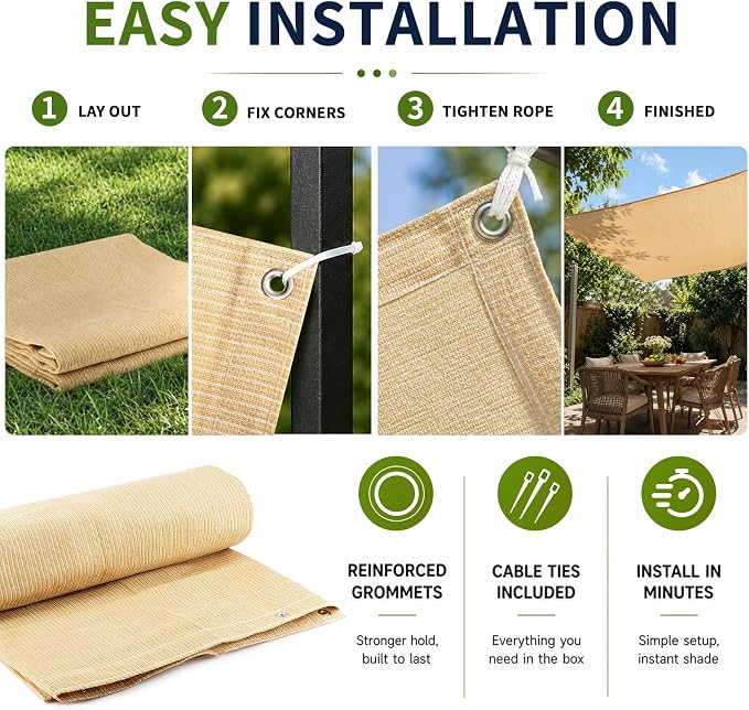 90% Outdoor Sun Shade Cloth, 8’ x 20’, Pergola, Deck, and Backyard Patio Sunshade with UV Protection, Heat Resistant HDPE Material, Reinforced Grommets (8x20 FT,Wheat)