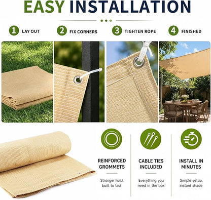 90% Outdoor Sun Shade Cloth, 8’ x 20’, Pergola, Deck, and Backyard Patio Sunshade with UV Protection, Heat Resistant HDPE Material, Reinforced Grommets (8x20 FT,Wheat)