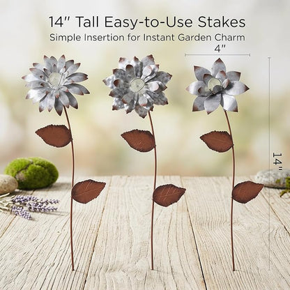 Glow in The Dark Flower Garden Stakes, 3 Pack Colorful Luminous Metal Yard Decor, 14 Inch Outdoor Night Glow Floral Stakes for Lawn, Patio, Flower Beds & Planters