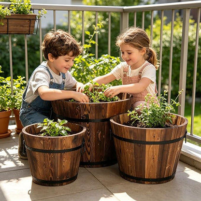 3 PCS Large Wooden Planter Barrel Set - Whiskey Real Wood Decor Plant pots, Rustic Flower Planters Pots Container w/Drainage Holes for Indoor Outdoor Garden Home Plants (18",15.2",11.5")