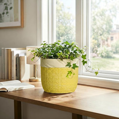 8 Inch Pots for Plants - Ceramic Planter for Indoor Plants, Round Flower Pots with Drainage Hole and Plug, Boho Decorative Plant Pot, Home Room Decor, House Warming Gifts New Home, Yellow