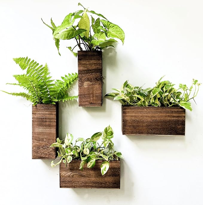 LaLaGreen Wooden Wall Planters (4 Pack) Hanging Wood Planter Box for Plants | Indoor Boxes Plant Holder Vase for Dried Flowers, Modern Table Centerpiece Living Room Bedroom Kitchen Home Office Decor