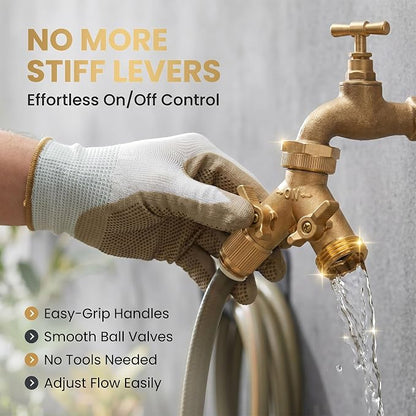 Brass Heavy-Duty Garden Hose Water Splitter | LEAD-FREE 2-Way Y Splitter for Water Spigot & Faucet | Manifold Connector ON/OFF Valves w/Improved Comfort Grip, 3 Extra Washers & Teflon Tape