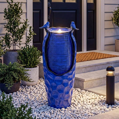 Autodaya 33" Vase Ceramic Outdoor Water Fountain with Lights and Birds | cobalt blue glazed water feature with textured design, ambient soothing cascading water flow for garden patio yard sanctuary