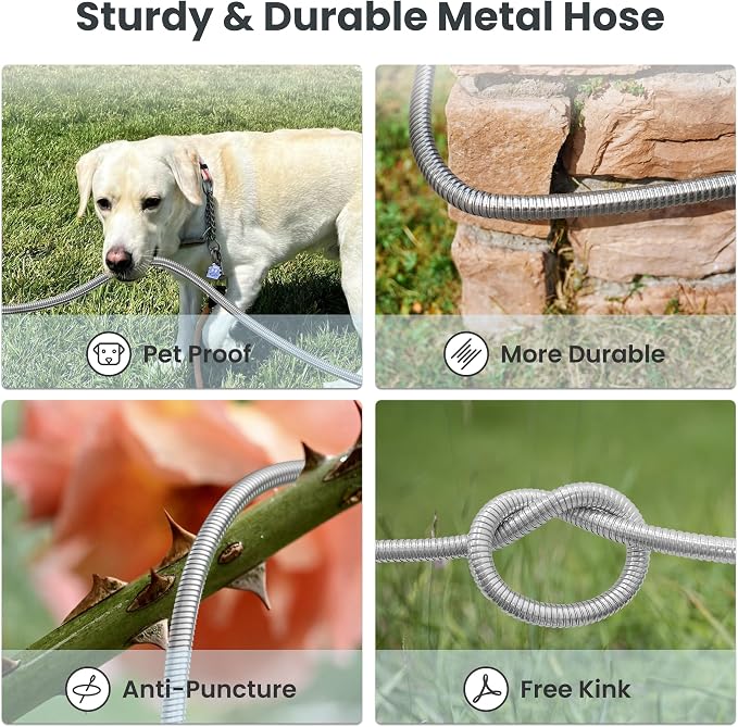 Giraffe Tools Garden Hose 25ft x 5/8", 304 Stainless Steel Metal Water Hose, No Kink Garden Water Hose with 9 Pattern Spray Nozzle, Flexible, Lightweight, Kink Free Hose for Yard, Outdoor