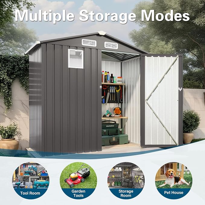 YOPTO 6X4 FT Metal Outdoor Storage Shed,Waterproof Tool Sheds with Pitched Roof and Positive Window,Backyard House Buildings w/Lockable Door & Vents,for Garden Sundries Sundries Bike,Gray