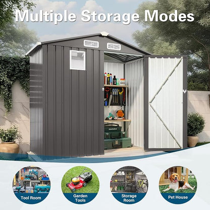 YOPTO 6X4 FT Metal Outdoor Storage Shed,Waterproof Tool Sheds with Pitched Roof and Positive Window,Backyard House Buildings w/Lockable Door & Vents,for Garden Sundries Sundries Bike,Gray