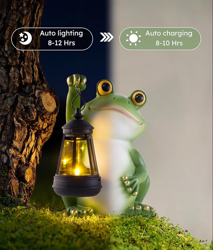 Vuees Solar Frog Garden Statue Light, Outdoor Waterproof Decorative Lantern Figurine, Cute Yard Art for Garden Patio Pond Balcony Porch Decor, Housewarming & Gardening Gifts for Women Grandma Mom | Hand-painted resin, dusk sensor, flower bed or pond ac...