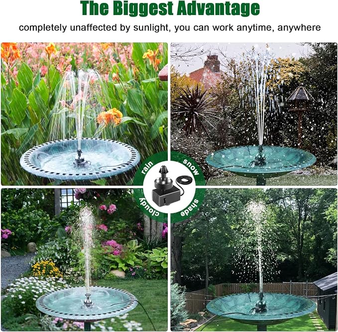 SZMP Bird Bath Fountains, Upgraded 24-Hours Working Bird Bath Fountain Pump with Light & 7 Nozzle, 16.4Ft Power Cord & Adapter, Adjustable Water Pump for Garden, Pond, Fish Tank, Outdoor (White)