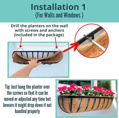 LaLaGreen Outdoor Wall Planter - 8 Pack, 30 Inch Large Metal Basket with Coco Liner, Long Window Flower Box Deck Railings Hanging Horse Trough Balcony Plant Pot Garden Fence Balcony Patio Rail