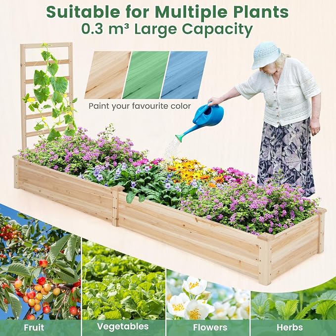 Giantex Raised Garden Bed with Trellis, 93" L x 25" W x 40" H, Wood Planter Box for Vegetables Flowers Herbs Fruits Climbing Plants Cucumber, Easy Assembly, Outdoor Rectangular Floor Gardening Beds