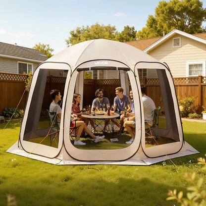 VEVOR Pop up Screen House Tent, 12 x 11 ft, 10-12 Person Screen Gazebo, Portable Screened in Canopy with Carry Bag, Netting Sides, Ground Stakes, for Garden, Patio, Backyard, Outdoor Activities, Beige