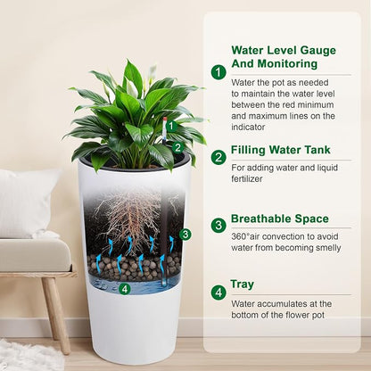Garvee Tall Planters for Outdoor Plants, 30 in Large Planters Set of 2, Outdoor & Indoor Planters with Water Level Monitor ＆ Inner Bucket, Automatic Watering, for Porch, Patio, Backyard, White