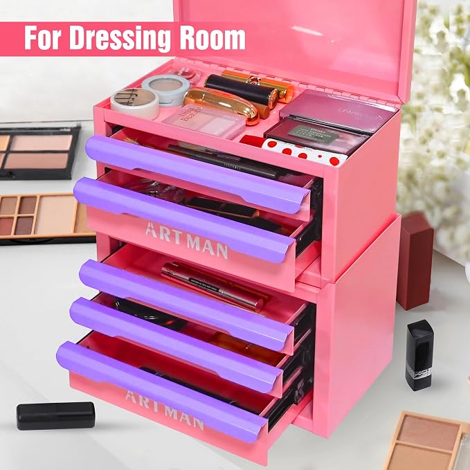 Metal Tool Box with Sliding Drawers, 5-Drawer Desktop Tool Box, Small Steel Tool Chest, Portable Benchtop Toolbox for Jewelry & Office DIY Pink-Purple