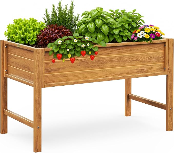 YEFU 48" Raised Garden Bed with Legs, HIPS Outdoor Garden Bed, Teak | Raised Garden Bed with Legs for Patios & Decks, 30" Height, Wood-Look HIPS, Drainage, 385 lbs Support for Vegetables & Herbs