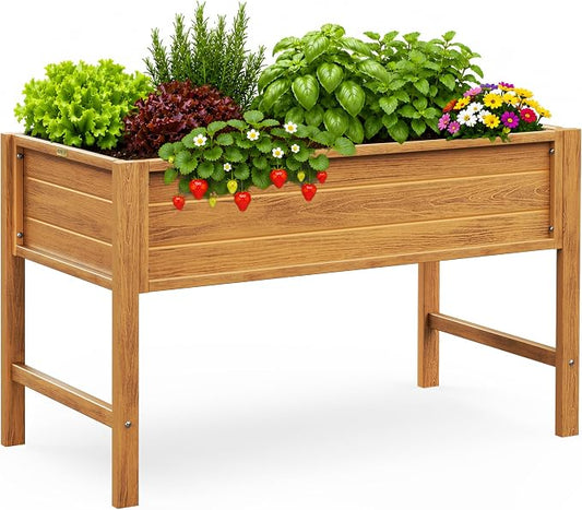 YEFU 48" Raised Garden Bed with Legs, HIPS Outdoor Garden Bed, Teak | Raised Garden Bed with Legs for Patios & Decks, 30" Height, Wood-Look HIPS, Drainage, 385 lbs Support for Vegetables & Herbs