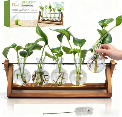Renmxj Plant Propagation Stations with Wooden Stand & 5 Glass Bulb Vases | Plant Terrarium for Indoor Plants, Home Office Desk Decor, Gardening Gifts for Women Mom, Birthday Gifts for Plants Lovers
