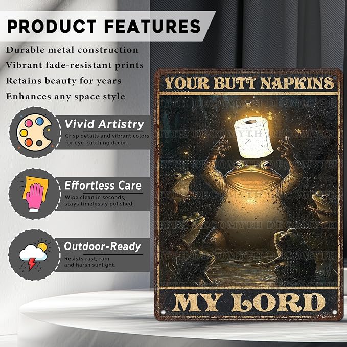 Vintage Frogs Tin Sign Your Butt Napkins My Lord Retro Bathroom Metal Poster Magic Funny Frog Wall Art Froglovers Toilet Man Cave Bar Cafe Indoor Room Garage Store Office 12 * 16inch