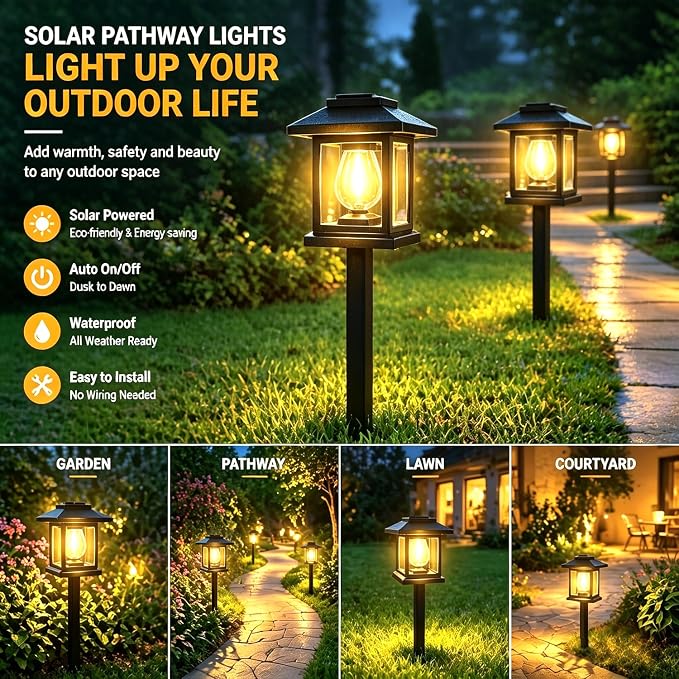14-Pack Solar Pathway Lights - High-Efficiency Polycrystalline Panels for All-Night Glow - IP65 Waterproof Outdoor Landscape Lighting for Garden, Walkway & Driveway Security (Black)