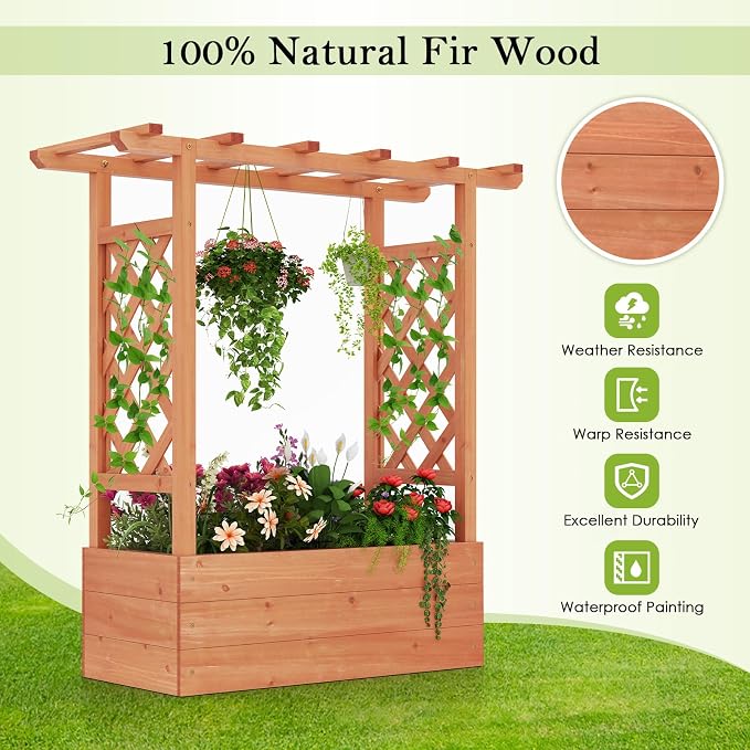 HAPPYGRILL Raised Garden Bed with Trellis, Wooden Elevated Planter Box w/Hanging Roof, Drainage Holes & Removable Bottom Panels for Climbing Vine Flower, Indoor Outdoor Wood Planter for Yard Patio