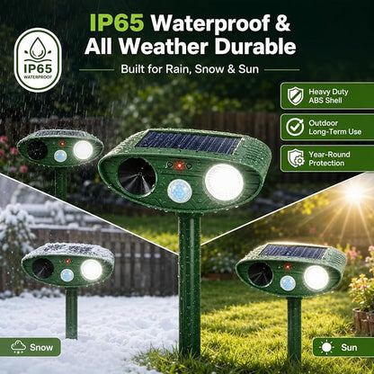 2 Pcs Upgraded Sonic Deer Repellent Devices,Solar Ultrasonic Animal Repellent Outdoor for Racoons,Squirrels,Cats,Rabbits &Foxes,Waterproof Flashing Light Motion Sensor Animal Deterrent for Garden Yard